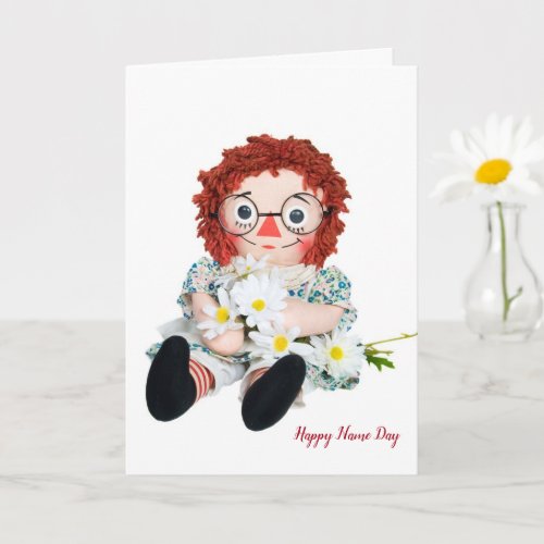 Name Day rag doll with daisy bouquet Card