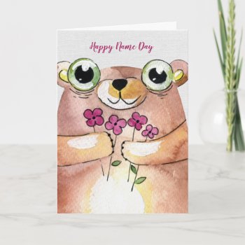 Name Day Watercolor Bear With Bouquet Card by dryfhout at Zazzle