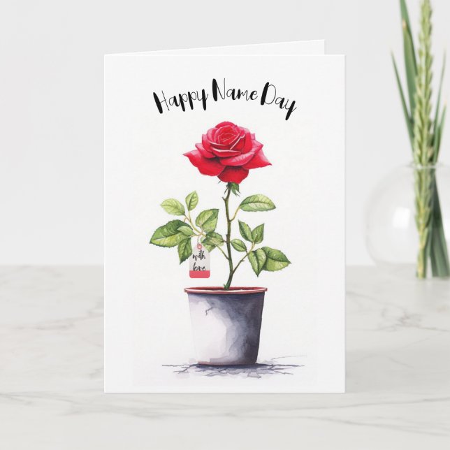 Name Day Watercolor Red Rose Bush Card (Front)