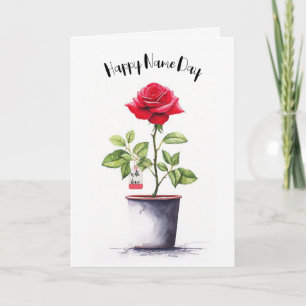 Name Day Watercolor Red Rose Bush Card
