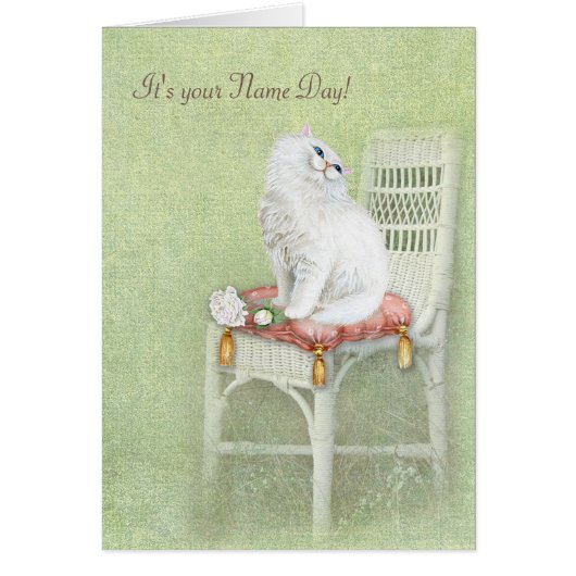 Name Day-white cat and roses on pillow (Front)