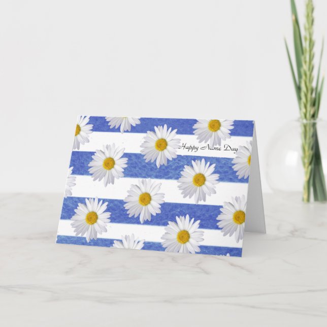 Name Day white daisies on stripe Card (Front)
