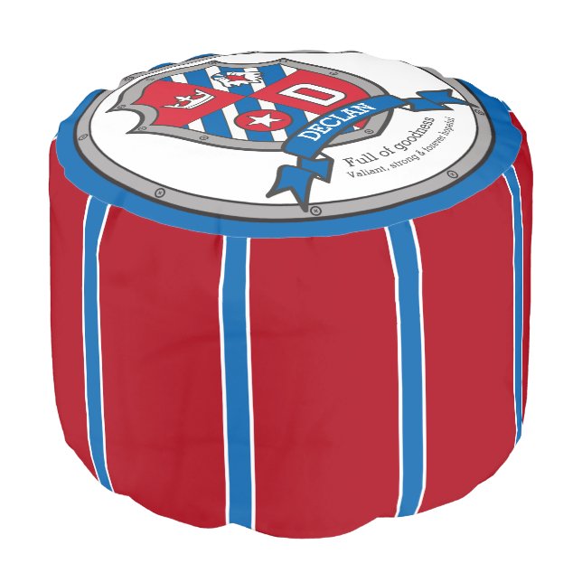 Name Declan letter D blue crest boys round pouf (Angled Front)