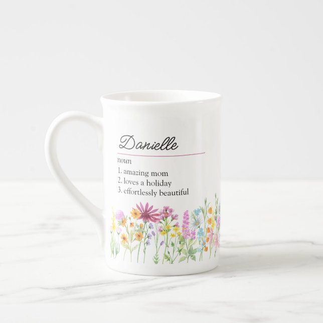 Name Definition with Delicate Wildflower Border Bone China Mug (Left)