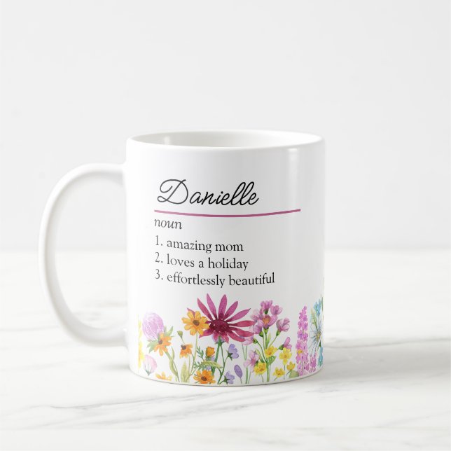 Name Definition with Feminine Wildflower Border Coffee Mug (Left)