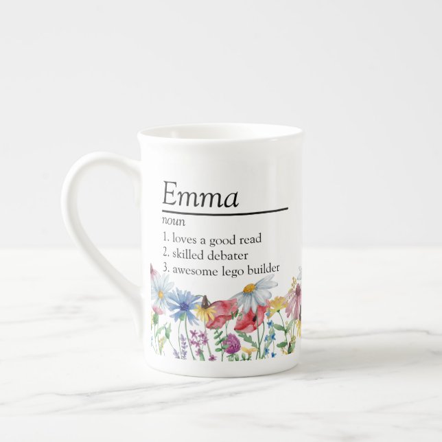 Name Definition with Rustic Wildflower Border Bone China Mug (Left)