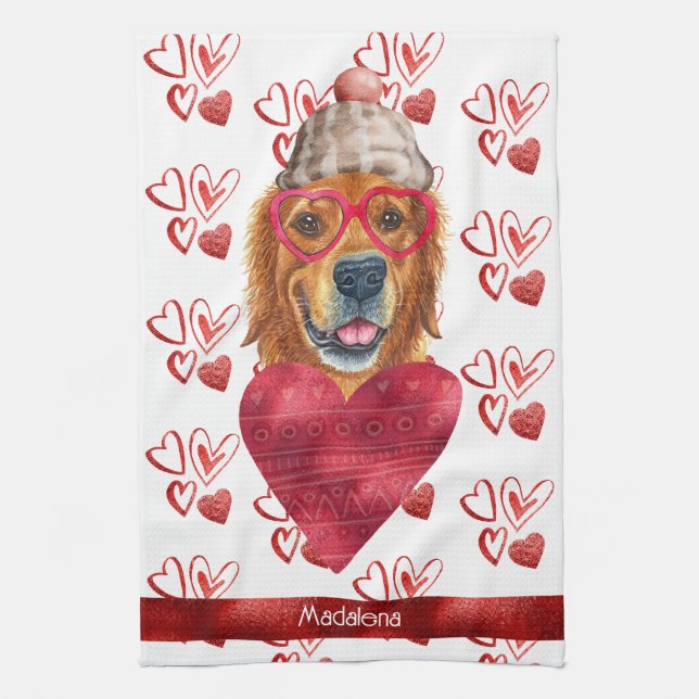 Name Dog Lover Valentine Gift Golden Retriever Kitchen Towel (Vertical)