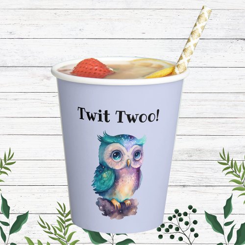 Name Dusty Blue Cute Owl Forest Woodland Animal  Paper Cups
