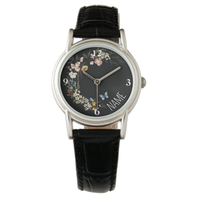 Name, Elegant Dutch Florals Black Leather Womens Watch (Front)