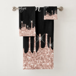 Name Elegant Glitter Drips Pink Rose Gold Black B Bath Towel Set