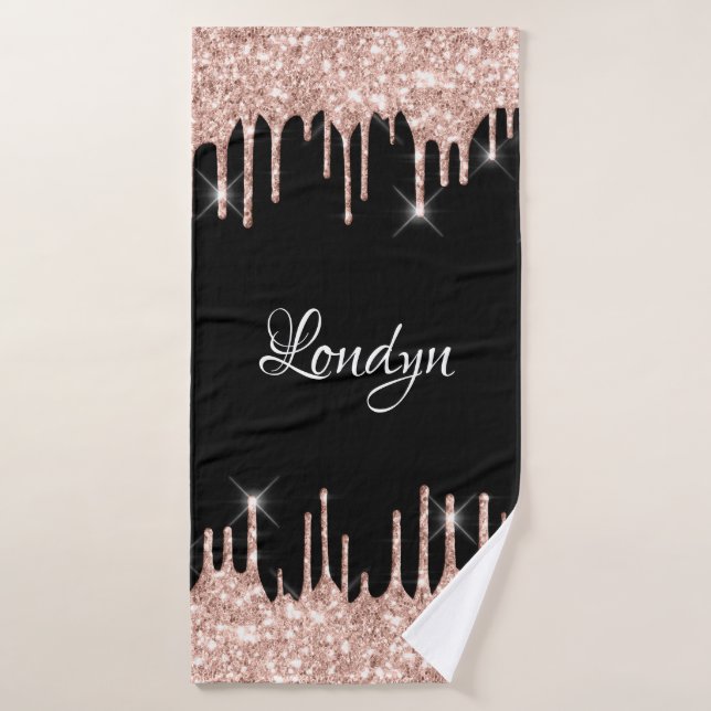 Name Elegant Glitter Drips Pink Rose Gold Black  Bath Towel (Bath Towel)