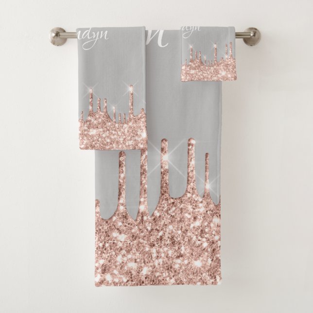 Name Elegant Glitter Drips Pink Rose Gray Sweet Bath Towel Set (Insitu)
