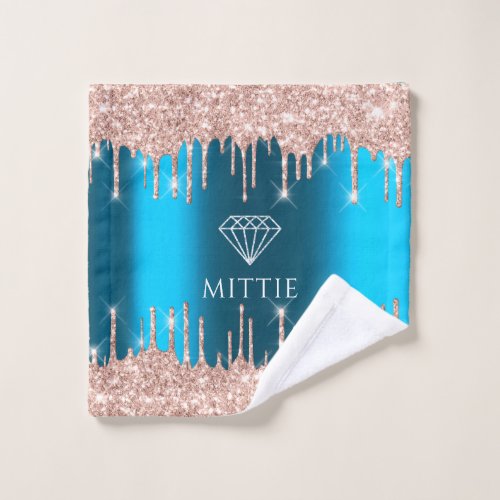 Name Elegant Glitter Drips Rose Teal Blue Diamond Bath Towel Set