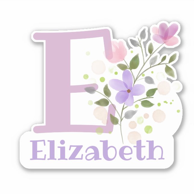 Name Elizabeth plus Initial with Floral Design Sticker (Front)