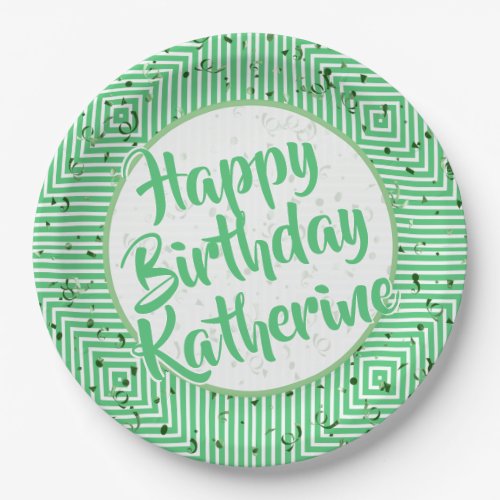 Name Emerald Green Birthday Diagonal Stripes Paper Plates