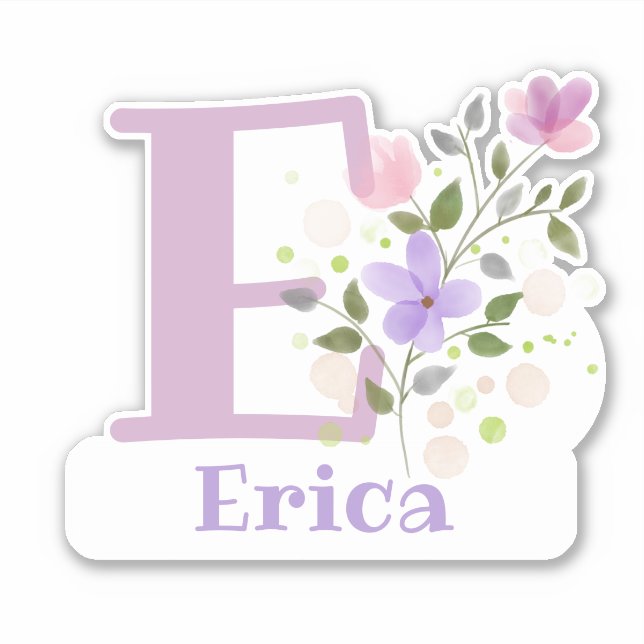 Name Erica plus Initial with Floral Design Sticker (Front)