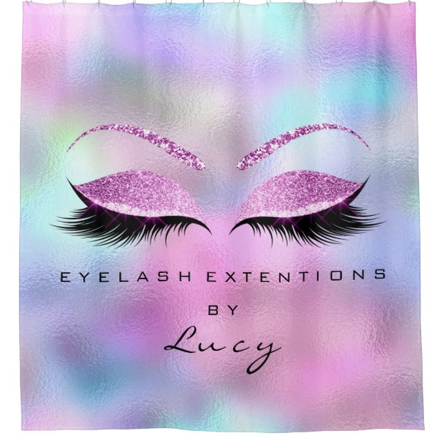 Name Eyelashes Extension Pink Holographic Glitter Shower Curtain (Front)