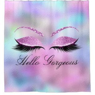 Name Eyelashes Girly Makeup Pink Holographic Glam Shower Curtain
