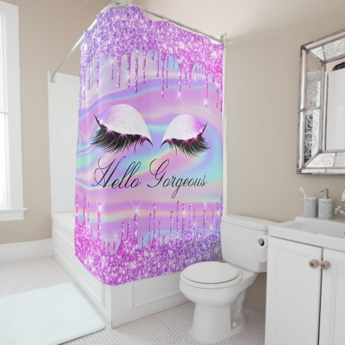 Name Eyelashes Makeup Silver Girly Drips Holograph Shower Curtain