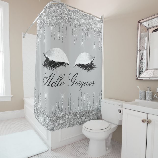 Name Eyelashes Makeup Silver Gray Girly Drips Shower Curtain (In Situ)
