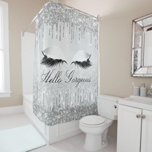 Name Eyelashes Makeup Silver Gray Girly Drips Shower Curtain