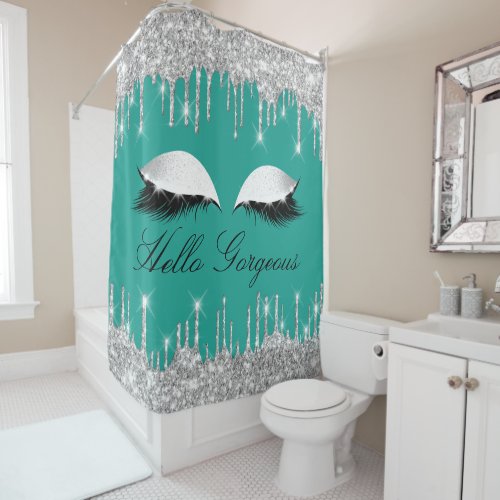 Name Eyelashes Makeup Silver Mint Girly Drips   Shower Curtain