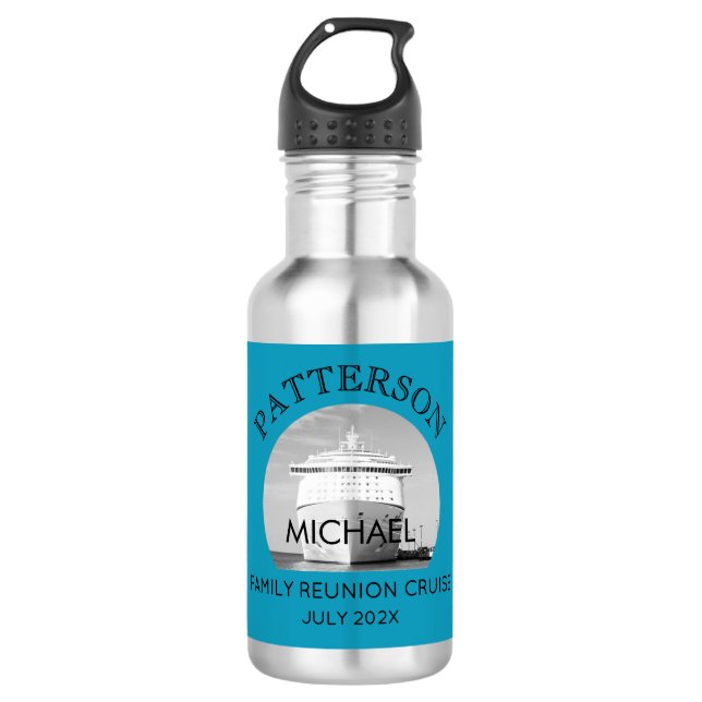 Name, Family Reunion Cruise Blue Green Stainless Steel Water Bottle (Front)