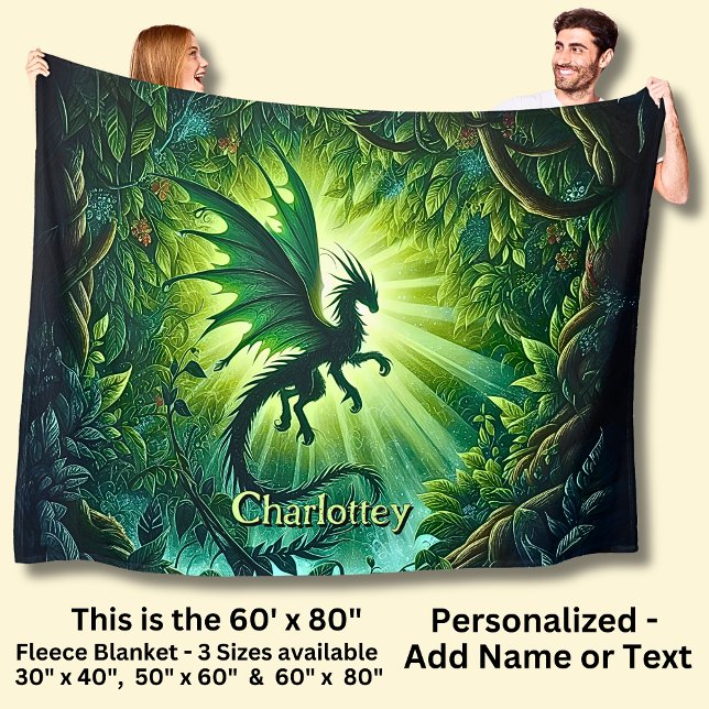 Name, Fantasy Dragon Flying in Green Light Rays Fleece Blanket (Creator Uploaded)