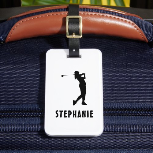 Name Female Golf Player Golfing Golfer Black White Luggage Tag