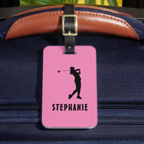 Name Female Golf Player Golfing Golfer Pink Black Luggage Tag