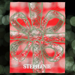 Name Festive Plaid Check Red White Cute Green Bow Fleece Blanket