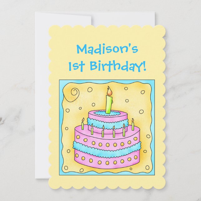 Name First Birthday Cake Art Party Invitation (Front)
