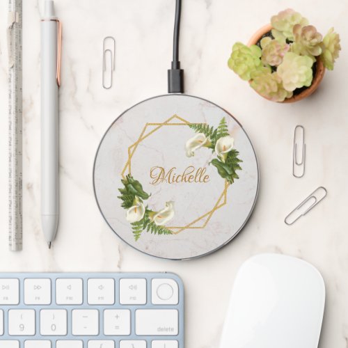 Name Floral Geometric Gold Marble Calla Lilies Wireless Charger