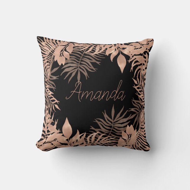 Name Floral Pink Rose Gold Tropical Black Throw Pillow (Front)