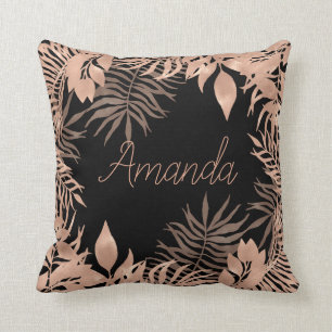 Name Floral Pink Rose Gold Tropical Black Throw Pillow