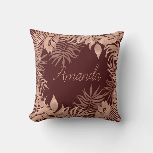 Name Floral Pink Rose Gold Tropical Burgundy Throw Pillow