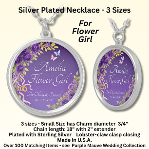 Name, Flower Girl, Purple Mauve Flowers Silver Plated Necklace