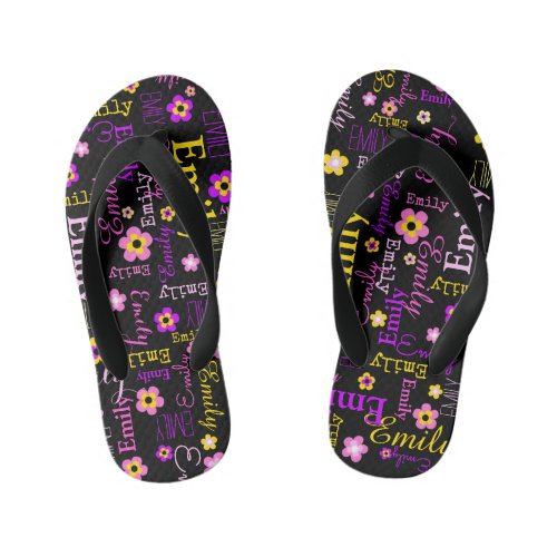 Name flower pattern pink purple yellow black  kids flip flops