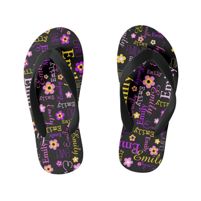 Name flower pattern pink purple yellow black  kid's flip flops (Footbed)