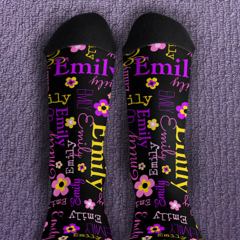 Name Flower Pattern Pink Purple Yellow Black Socks by Mylittleeden at Zazzle