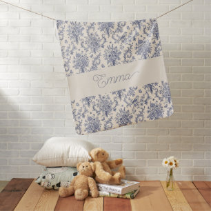 Name French Country Toile de Jouy Blue Pattern Baby Blanket