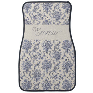 Name French Country Toile de Jouy Blue Pattern Car Floor Mat