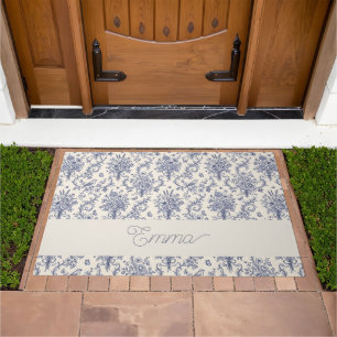 Name French Country Toile de Jouy Blue Pattern Doormat