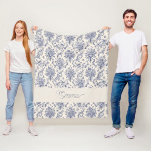Name French Country Toile de Jouy Blue Pattern Fleece Blanket
