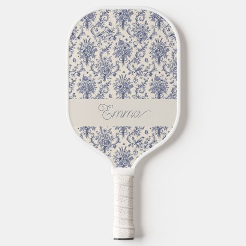 Name French Country Toile de Jouy Blue Pattern Pickleball Paddle