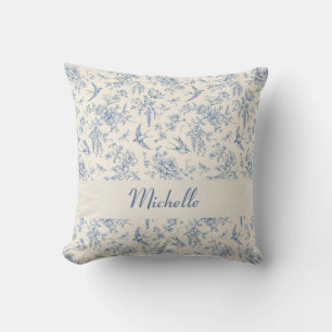 Name French Country Toile de Jouy Blue Pattern Throw Pillow