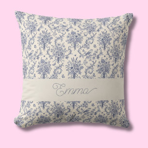 Name French Country Toile de Jouy Blue Pattern Throw Pillow