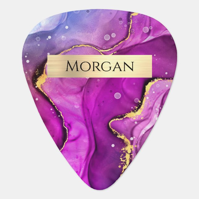 Name, Fuchsia & Gold Ink Abstract, Gold Bar Guitar Pick (Front)