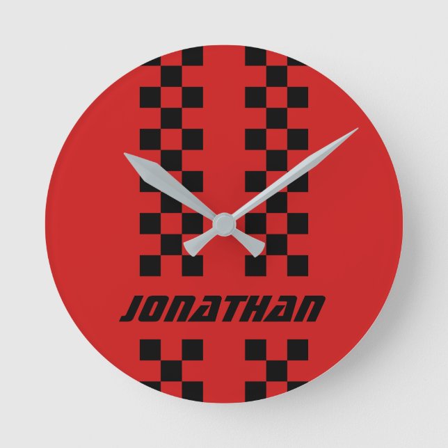 Name Fully Custom Colors Double Checkered Stripes Round Clock (Front)
