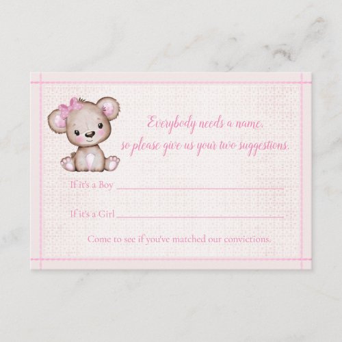 Name Game Cute Brown Bear Girl Baby Shower Game Enclosure Card